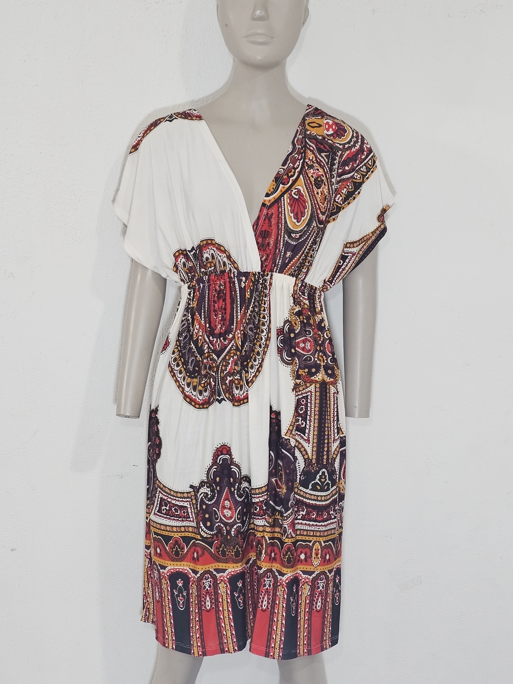 Cristinalove Women's Paisley Kimono Dress Size L Boho Chic V-Neck Elastic Waist - Picture 2 of 12